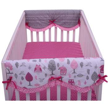 Bacati - Owls Pink/Gray Girls Cotton Crib Rail Guard Covers set of 2 Small Side