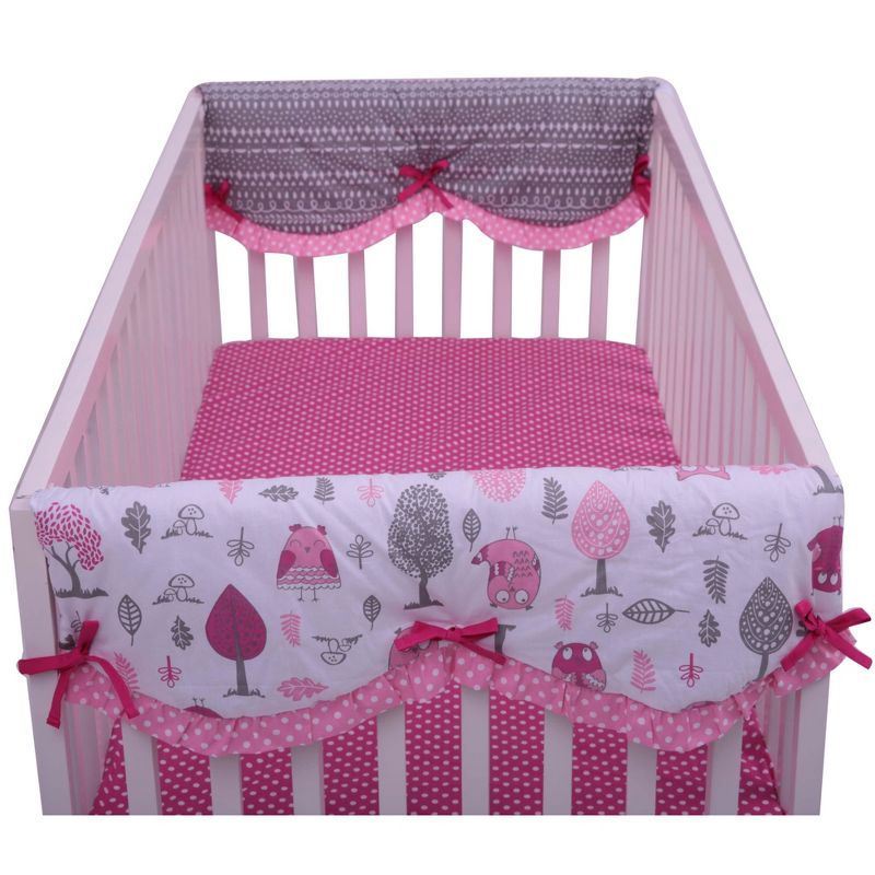 Bacati - Owls Pink/Gray Girls Cotton Crib Rail Guard Covers set of 2 Small Side, 1 of 6