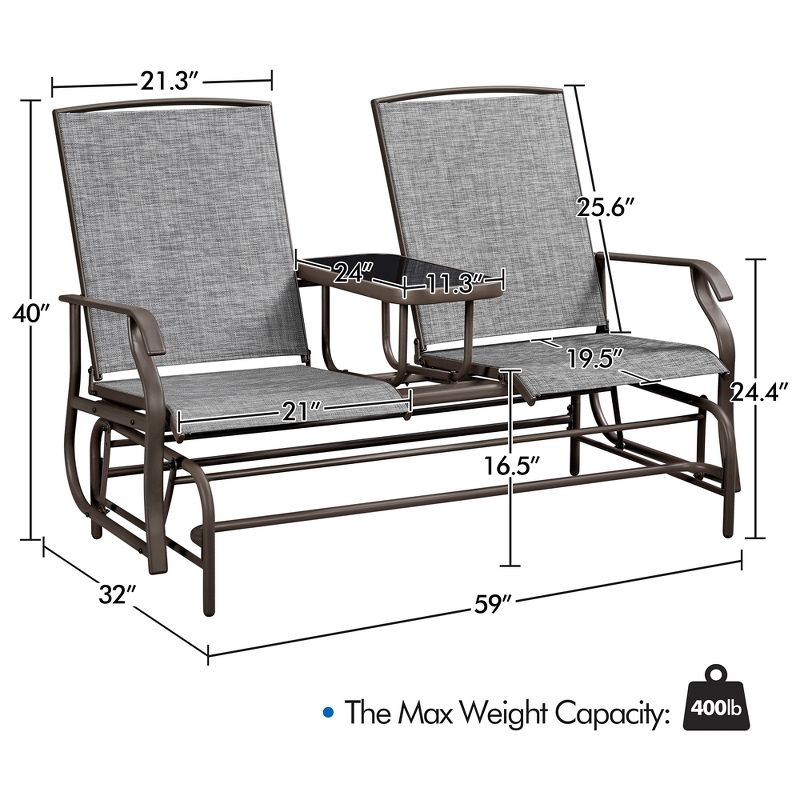 Yaheetech 2-Seater Glider Bench w/Table for Outdoor, Glider Rocker for Porch/Patio, Gray, 3 of 9