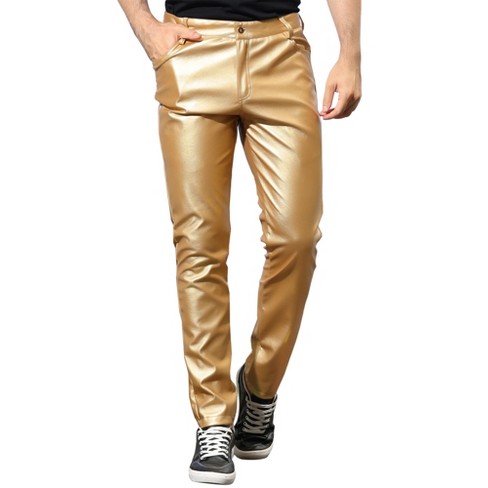 Lars Amadeus Men's Metallic Pants Slim Fit Night Club Disco Shiny Faux  Leather Pants Golden 32