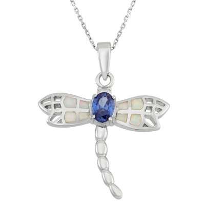Opalata Sterling Silver White Inlay Opal Dragonfly w/ Center Oval Blue CZ 18" Pendant Necklace - Blue