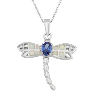 Opalata Sterling Silver White Inlay Opal Dragonfly w/ Center Oval Blue CZ 18" Pendant Necklace - Blue - 1 of 2