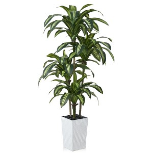 DR.Planzen UV Resistant Artificial 6-7FT Tall Pre Potted Dracaena Tree with White/Brown Tall Square Planter for Indoor Outdoor House Home Decor - 1 of 4