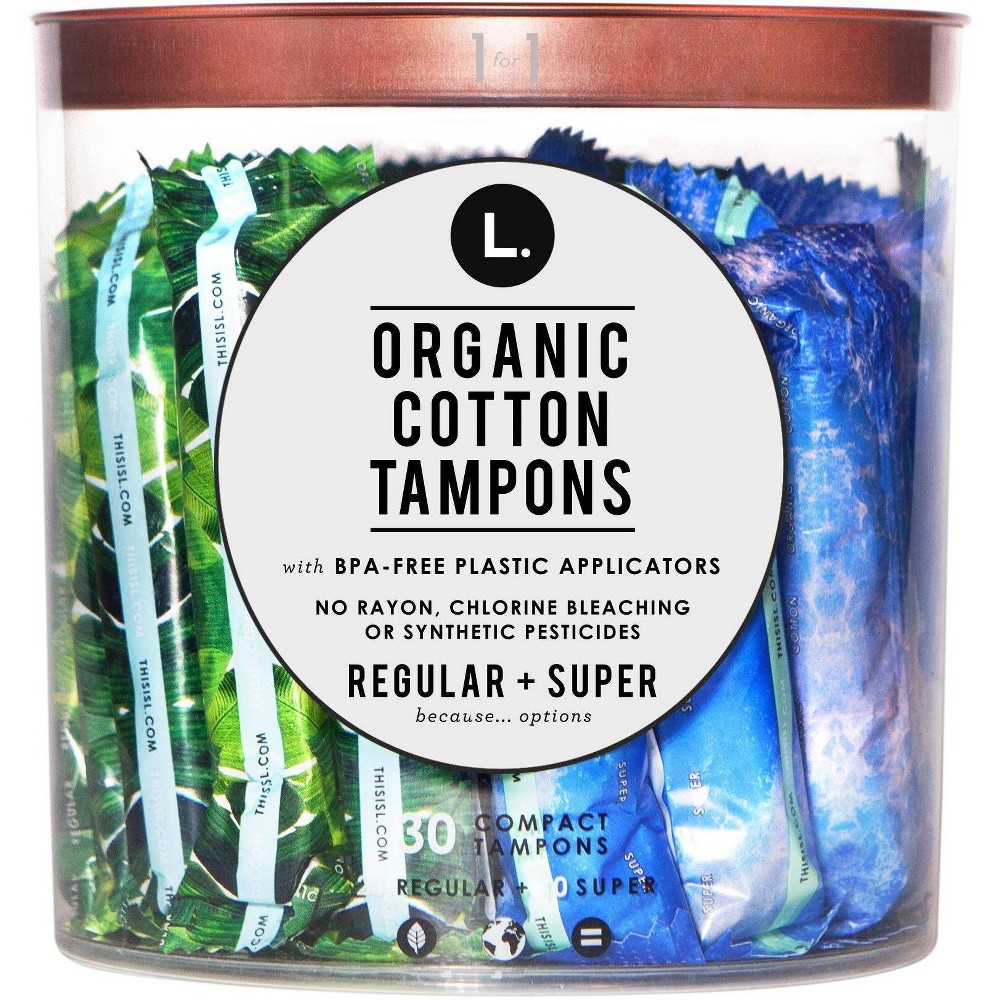 L. Organic Cotton Tampons With BPA-Free Applicators - Regular + Super Variety Pack - 30 Compact Tampons