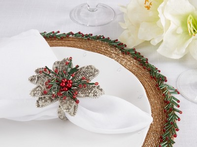 Silver Beaded Flower Napkin Rings Set of 4