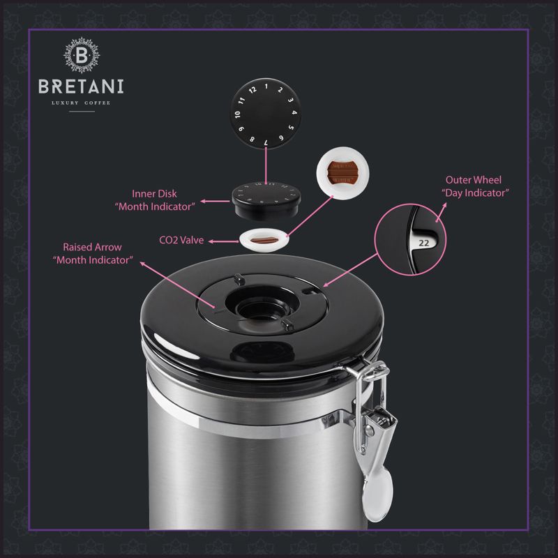 Bretani 24 oz Coffee Canister & Scoop Set - Stainless Steel Airtight Kitchen Storage Container for Coffee Beans and Grounds, 4 of 8