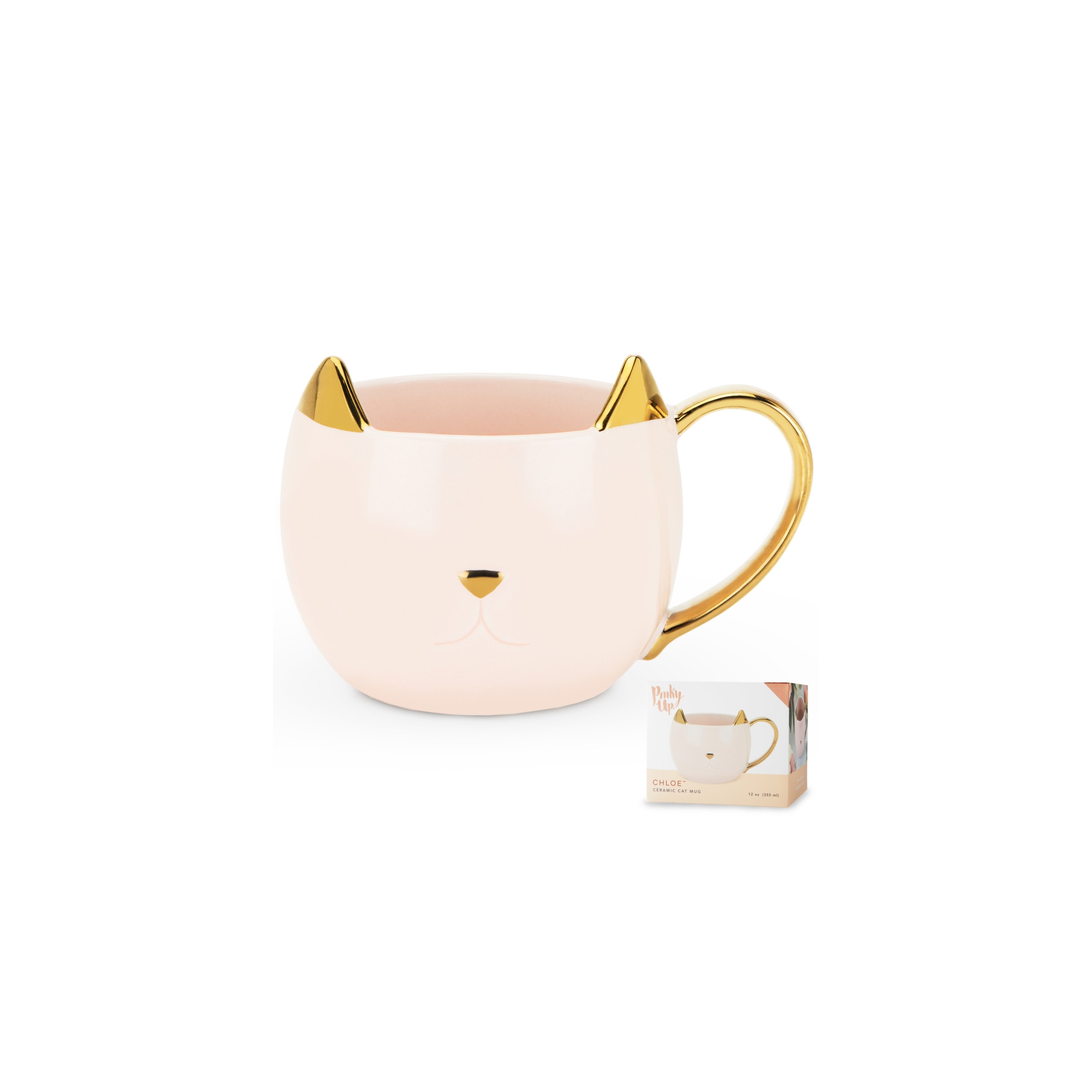 Pinky Up Chloe the Cat Ceramic Tea Mug, 12oz Pink Coffee Mug, Whimsical Tea Cup, Cute Coffee Cup with Gold Accents, Gifts for Cat Lovers, Office Gifts