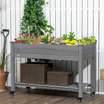 Dark Gray Wooden Elevated Garden Planter with Lockable Wheels