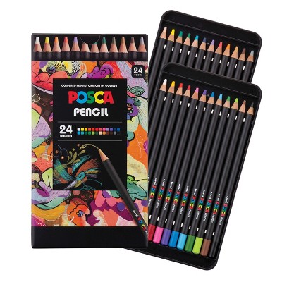 uniball POSCA Colored Pencils, 24ct Soft-Core Artist Set Vibrant Colors for Blending, Shading and Sketching