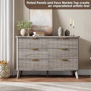 6 Drawers Dresser for Bedroom, Wide Dressers with Curved Profile Design, Fluted Wood Drawers with Gold Handle, Chest of Dressers Thickened Design - 1 of 4