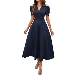 Womens High Waisted V Neck Summer Dress Puff Short Sleeve Casual A Line Flowy Maxi Dress - 1 of 4