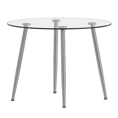 39.7-inch diameter circular dining table: transparent glass paired with silver table legs
