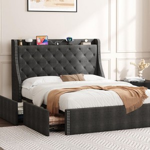 Coolmee Full/Queen Size Bed Frame with 4 Storage Drawers, Wingback Headboard with Charging Station, Diamond Stitched Button Tufted Design - 1 of 4