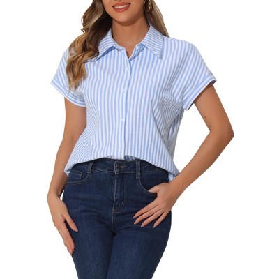 INSPIRE CHIC Women's Striped Button Down Turndown Collar Cotton Casual Cap Sleeve Blouse