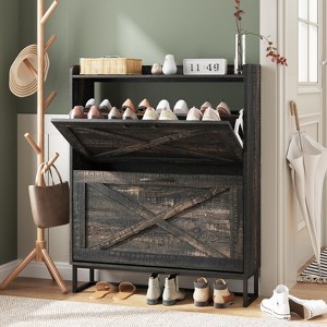 Narrow Shoe Rack Cabinet with Flip Drawers, Hidden Golden Handles - 1 of 4