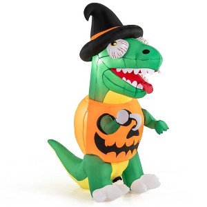 Tangkula 6 FT Halloween Inflatables Pumpkin Dinosaur with Witch Hat Hook Hand & Built-in LED Lights Scary Inflatable T-Rex - 1 of 4