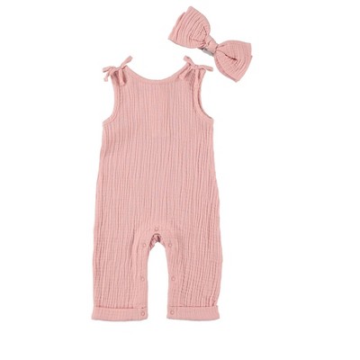 Image of Chick Pea Baby Girl Outfit Set Infant Newborn Overalls and Matching Headband 2 PC Set Muslin Adorable Pink 12M