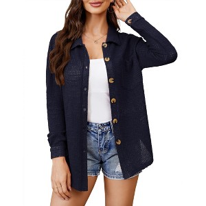 Coolmee Women's Waffle Knit Button Down Shirts Casual Long Sleeve Shacket Jacket Dressy Blouses Tops - 1 of 4