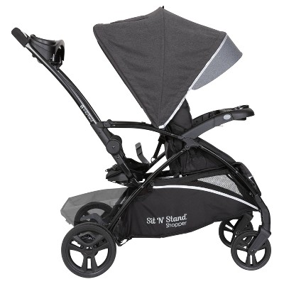 Gray and Black Double Tandem Stand-on Stroller with Car Seat