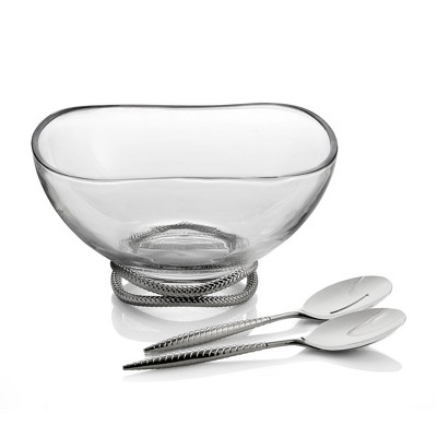 Nambe Braid Glass & Chrome Salad Bowl w/ Servers,12D x 6H