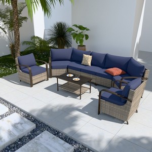 EAGLE PEAK Coastal Vista Outdoor Patio Furniture Set, Half-Moon Curved Wicker Patio Conversation Set with Coffee Table - 1 of 4