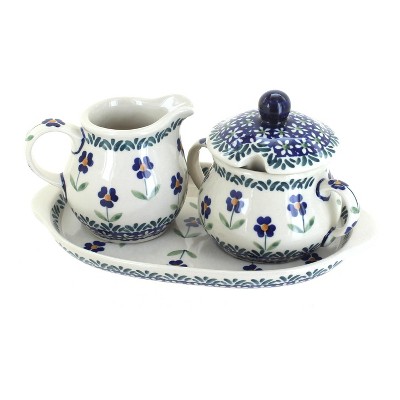 Blue Rose Polish Pottery Blue Daisy Sugar & Creamer with Tray