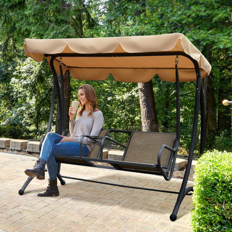 Outsunny 2-Person Porch Swing, Outdoor Patio Swing Bench with Adjustable Tilt Canopy, Cup Holder and Storage Tray, Steel Frame, Brown, 3 of 8