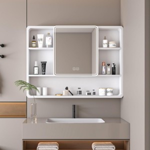 SEVOBAL Bathroom Storage Cabinet Modern Mirror Cabinet with Cosmetic Rack and Hair Dryer Holder for Organized Space, White, 35.43"*27.56"*4.92" - 1 of 4