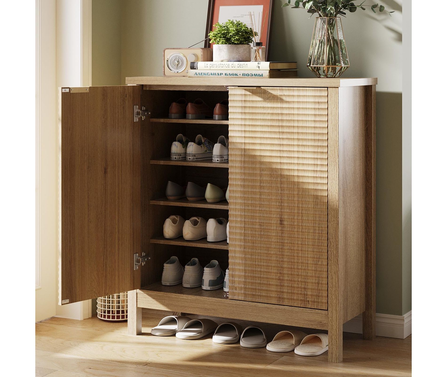 5-Tier Shoe Cabinet with Fluted Doors & Adjustable Shelves, Wooden Shoe Rack Organizer, Wood Color