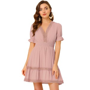 INSPIRE CHIC Women's V Neck Smocked Elastic Waist Short Sleeve Boho Crochet Trim Mini Dress - 1 of 4