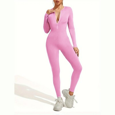 DOMETOUR Zip Front Sports Yoga Jumpsuit for Women Tummy Control Unitard Bodysuit Athletic Rompers, Pink-XL