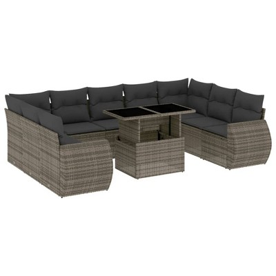 vidaXL 10 Piece Patio Sofa Set with Cushions Gray Poly Rattan - without storage