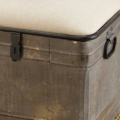 Gray Galvanized Metal Storage Bench with Beige Upholstered Seat