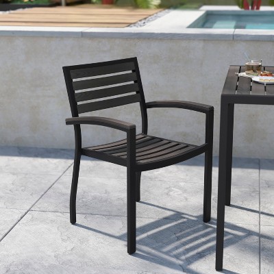All-Season Gray Faux Teak & Black Aluminum Patio Chair Pair