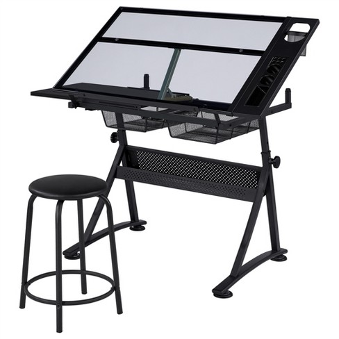 Yaheetech Adjustable Drafting Table & Stool Set Black