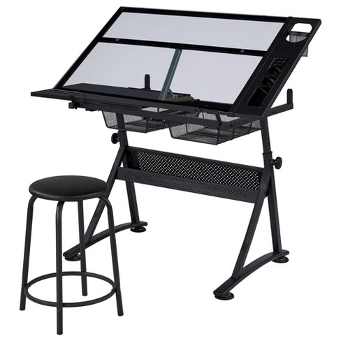 Yaheetech Adjustable Glass Drafting Table & Stool Set Black : Target