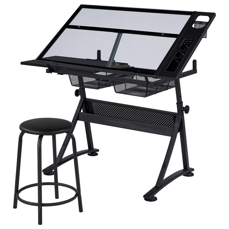 Yaheetech Adjustable Glass Drafting Table & Stool Set Black, 1 of 11