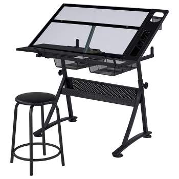 Yaheetech Adjustable Glass Drafting Table & Stool Set Black