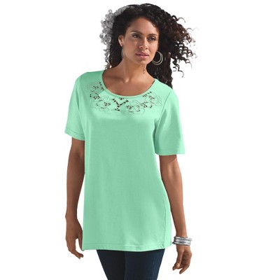 Roaman's Women's Plus Size Eyelet Cutout Tee - S, Soft Jade : Target