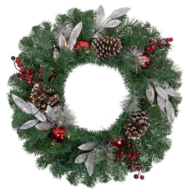 Northlight Pre-Lit Battery Operated Frosted Pine Cone and Berries Christmas Wreath - 24" - White LED Lights, 1 of 5