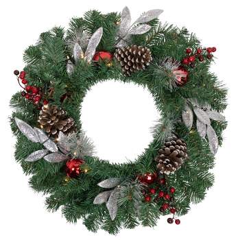 Northlight Pre-Lit Battery Operated Frosted Pine Cone and Berries Christmas Wreath - 24" - White LED Lights