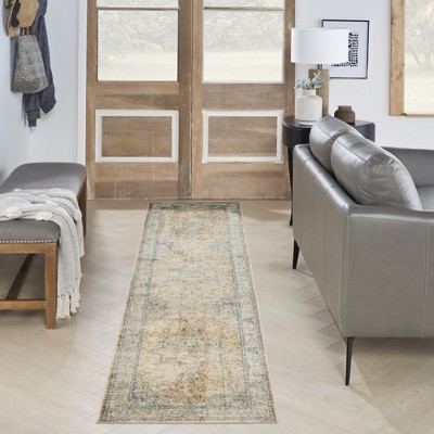 Beige Blue Synthetic Medallion Runner Rug 2'2" x 10'