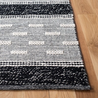 Black and Ivory Striped Kilim Wool Cotton Runner Rug