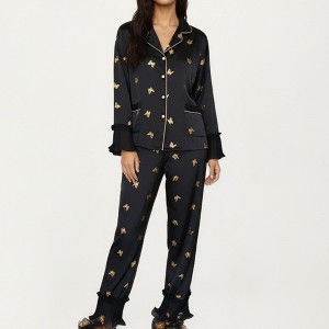 Anna-Kaci Lounge Women's 2-Piece Set Satin Pajama Top with Piping Detail and Ruffled Cuffs Paired with Matching Pants - 1 of 4