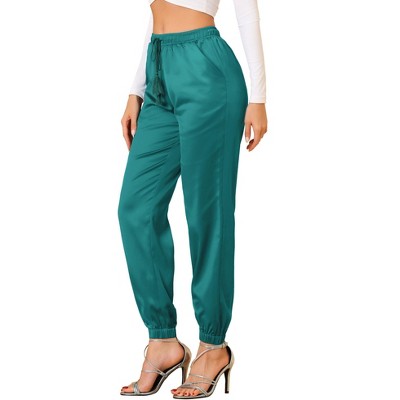 Allegra K Women's Drawstring Elastic High Rise Silky Solid Satin Pants  Green Large