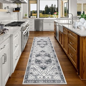 Washable Carpet, Vintage Distressed, Non-Slip, Non-Shedding Backing, Floor Cover, Soft, Short Pile, Foldable, Floral Badge Print Decorative Carpet - 1 of 4