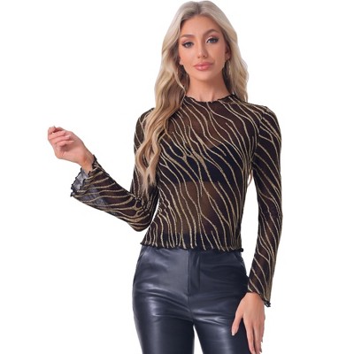 Allegra K Women's Mesh Bell Long Sleeve Ruffle Trim Mock Neck Sheer Party Top