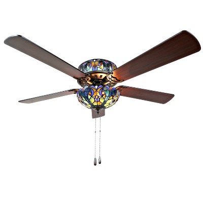 52" LED Tiffany Style Stained Glass Halston Lighted Ceiling Fan Black - River of Goods