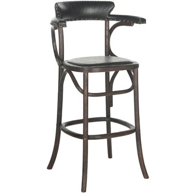 Antique Black Oak and Metal Transitional Bar Stool with Brass Nail Heads