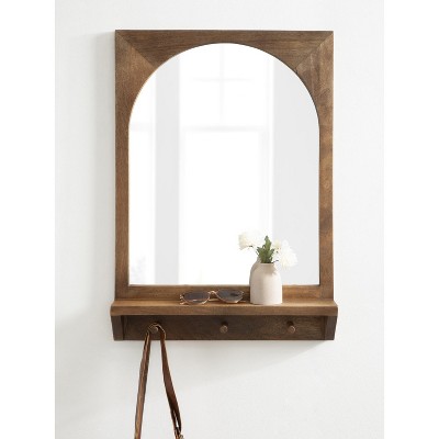 Andover Arched Mango Wood Mirror with Display Shelf and Hooks